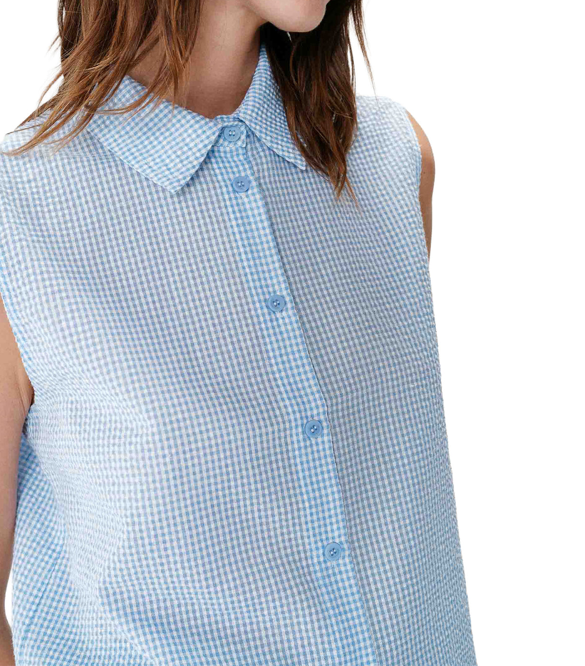 Windell Sleeveless Gingham Cotton Shirt Sky Blue