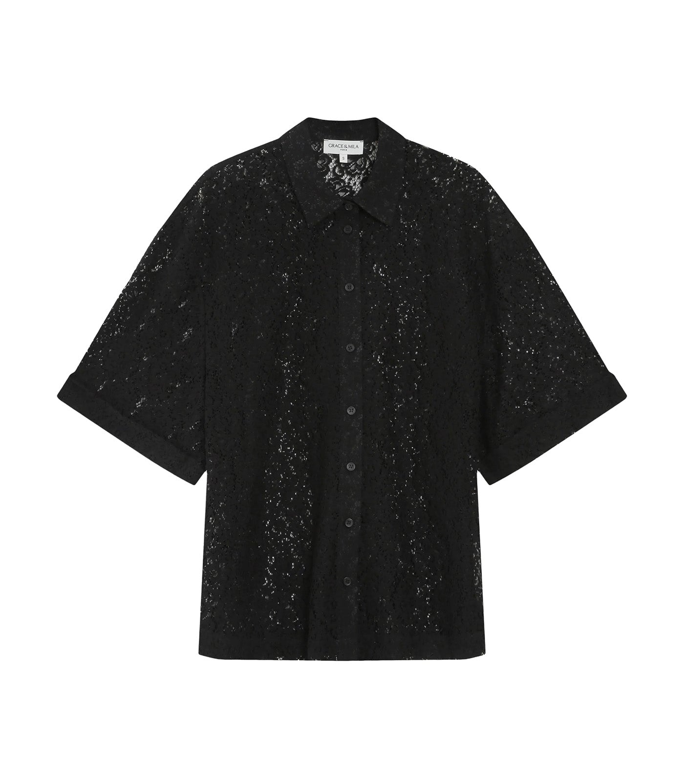 Vendel Sheer Three-Quarter-Sleeved Lace Shirt Black