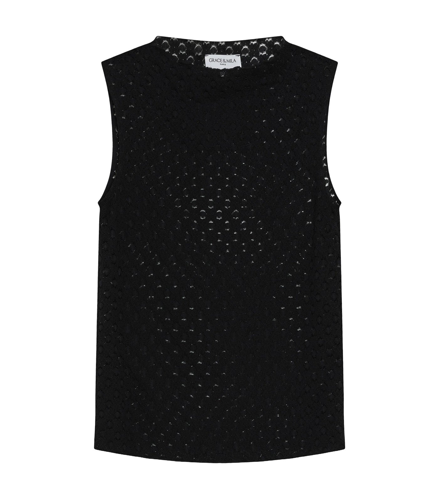 Vintie Fitted Sleeveless Lace Crew-Neck Top Black