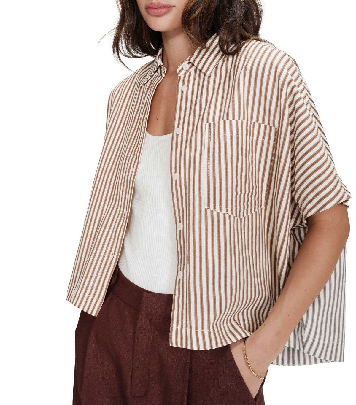 Vercia Loose Short-Sleeved Striped Shirt Mocha