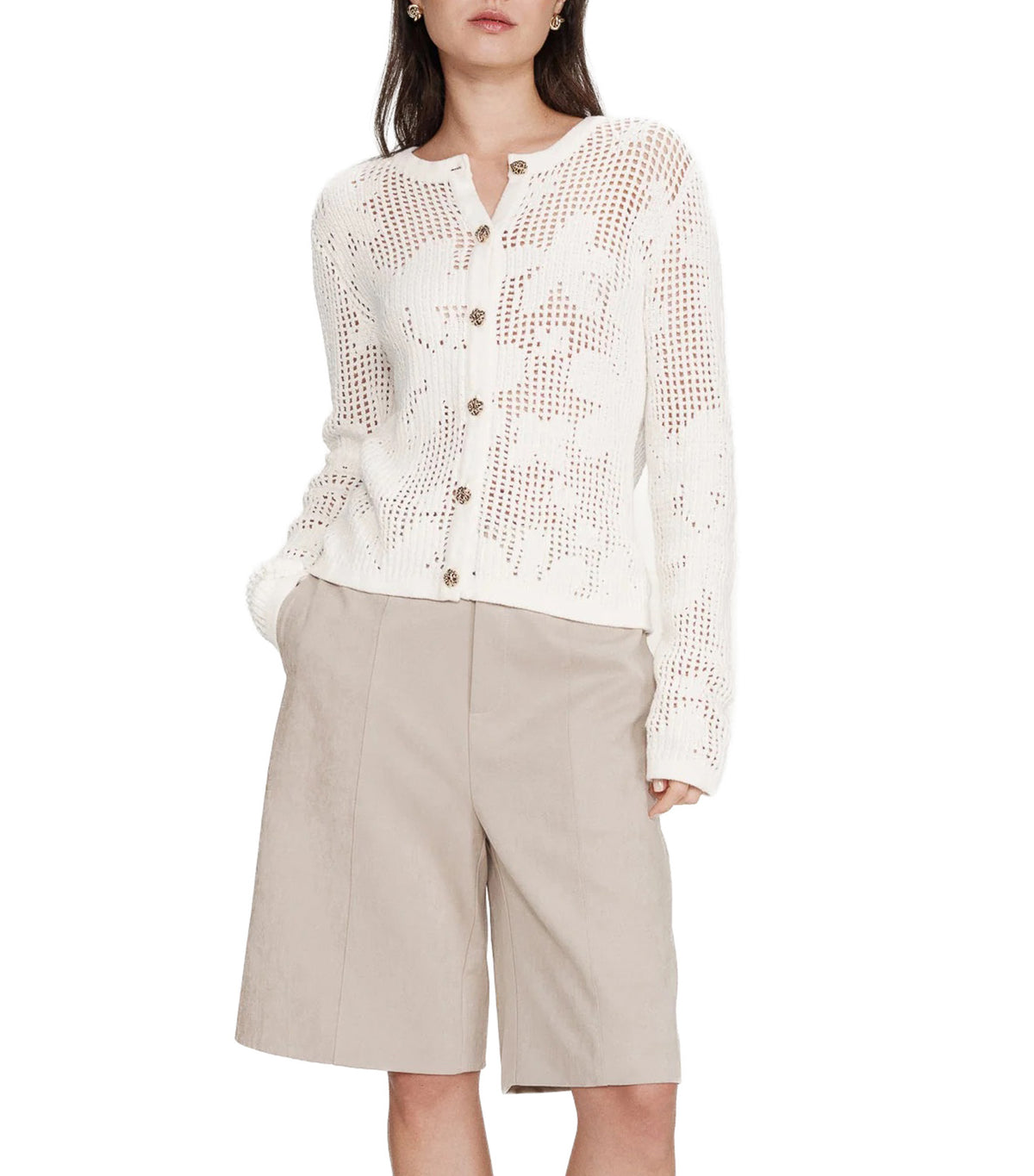 Velasquez Openwork Knit Long-Sleeve Cardigan Ecru