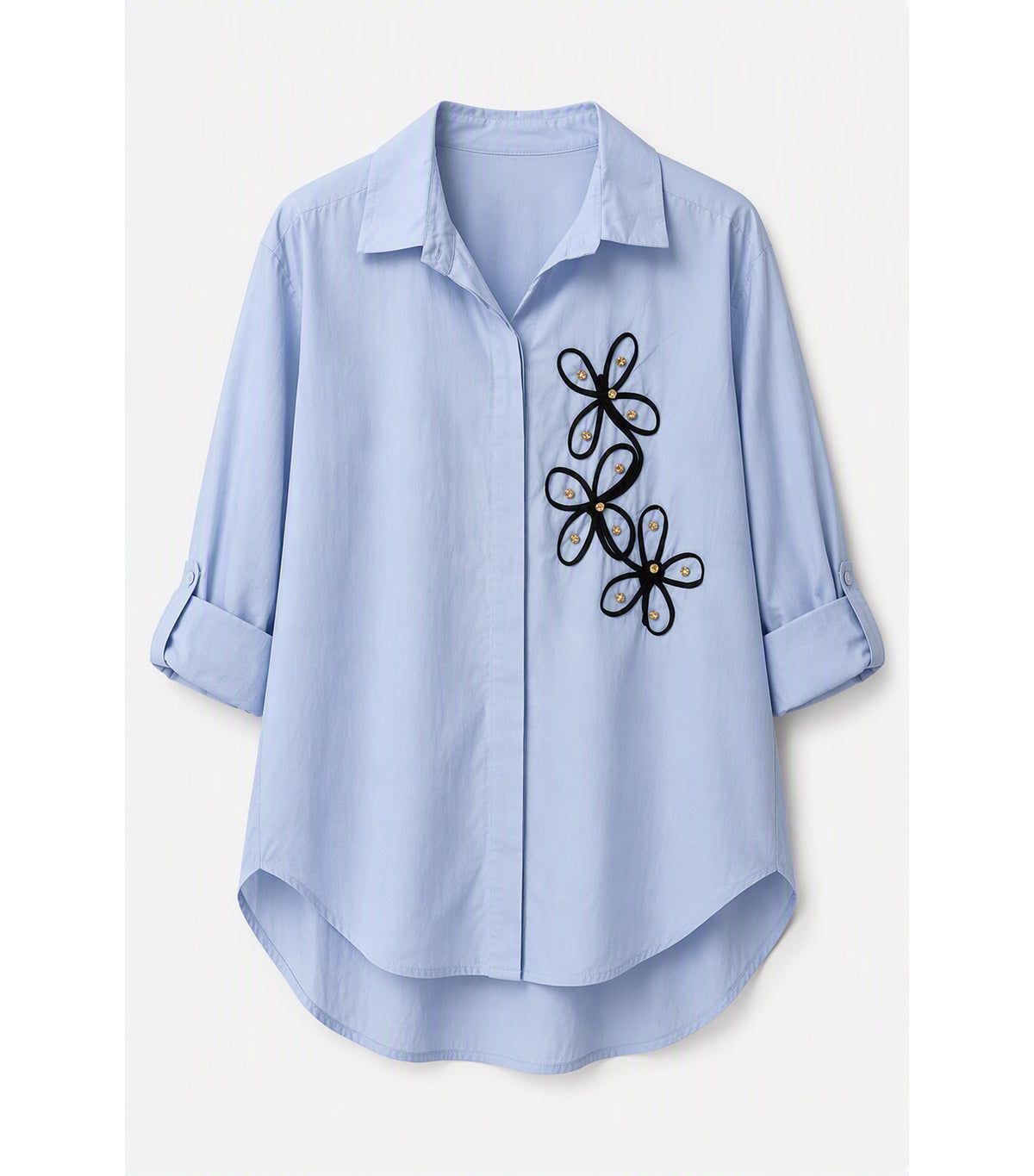 Blouse with Floral Applique Design Light Blue