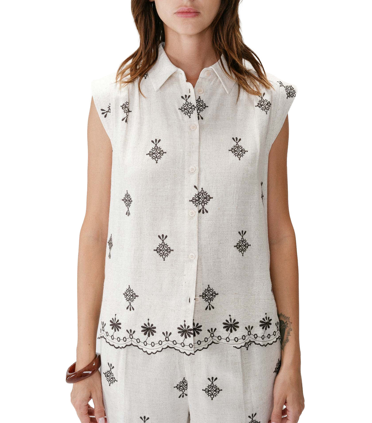 Wisenna Patterned Sleeveless Shirt Chocolate