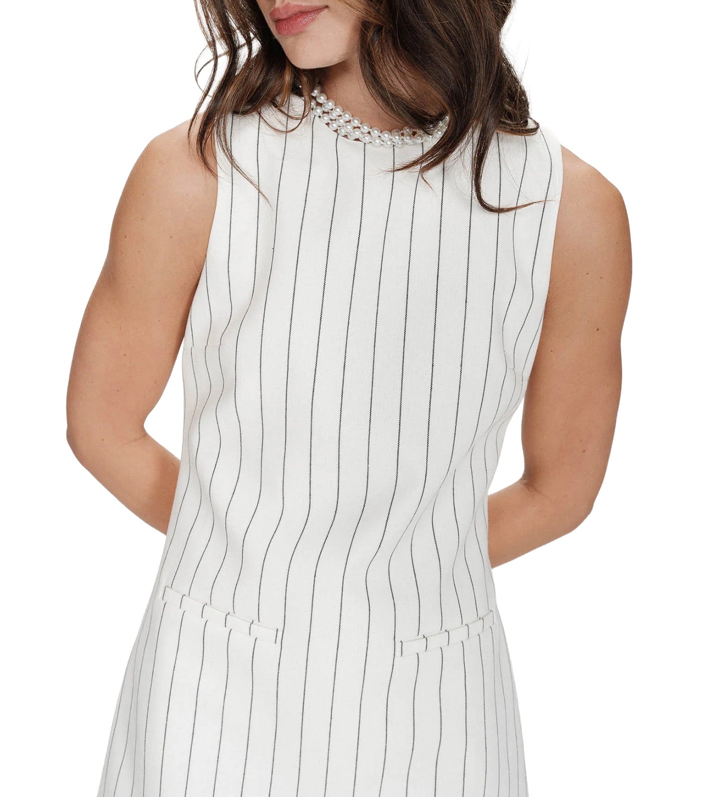 Vea Straight-Cut Short Striped Linen Dress White