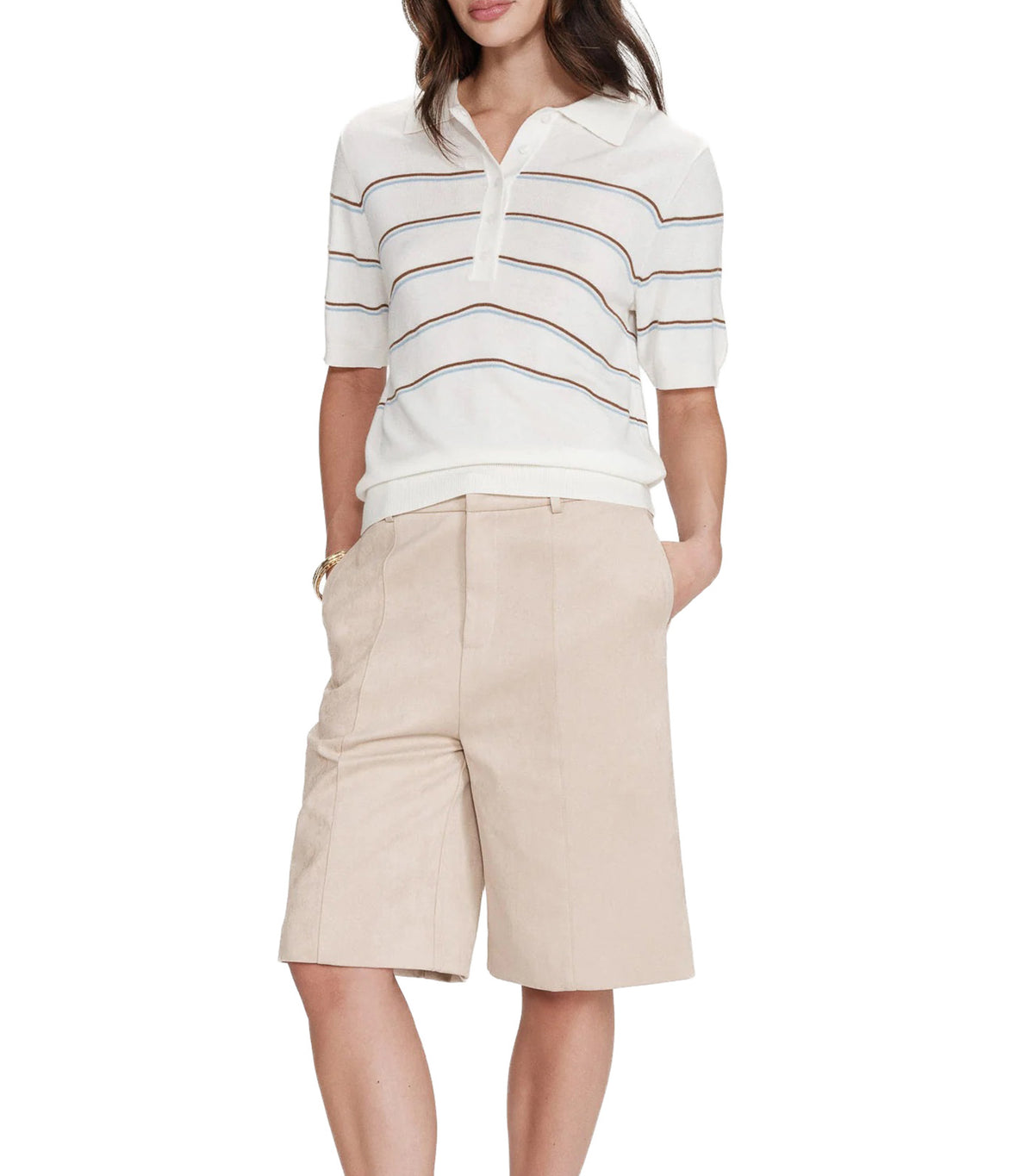 Veracruz Striped Short-Sleeve Polo Ecru