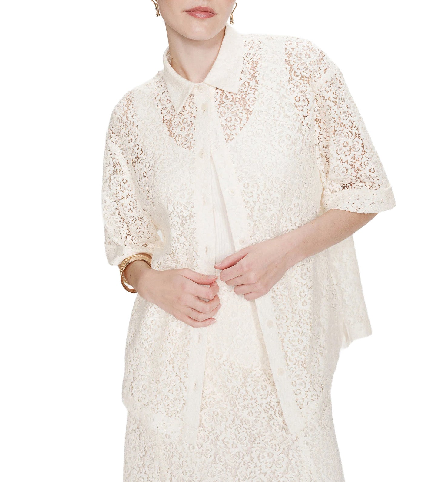 Vendel Sheer Three-Quarter-Sleeved Lace Shirt Ecru