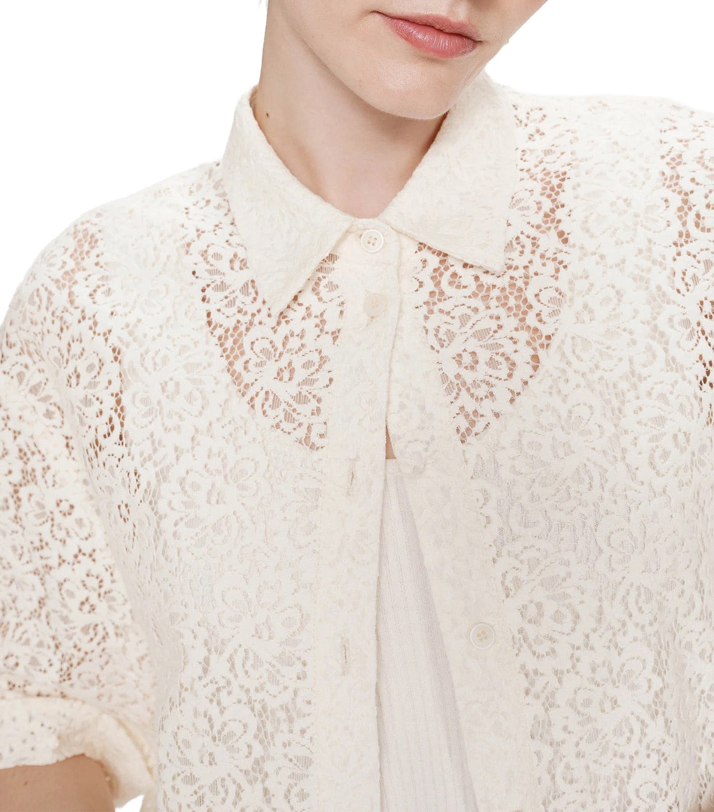 Vendel Sheer Three-Quarter-Sleeved Lace Shirt Ecru
