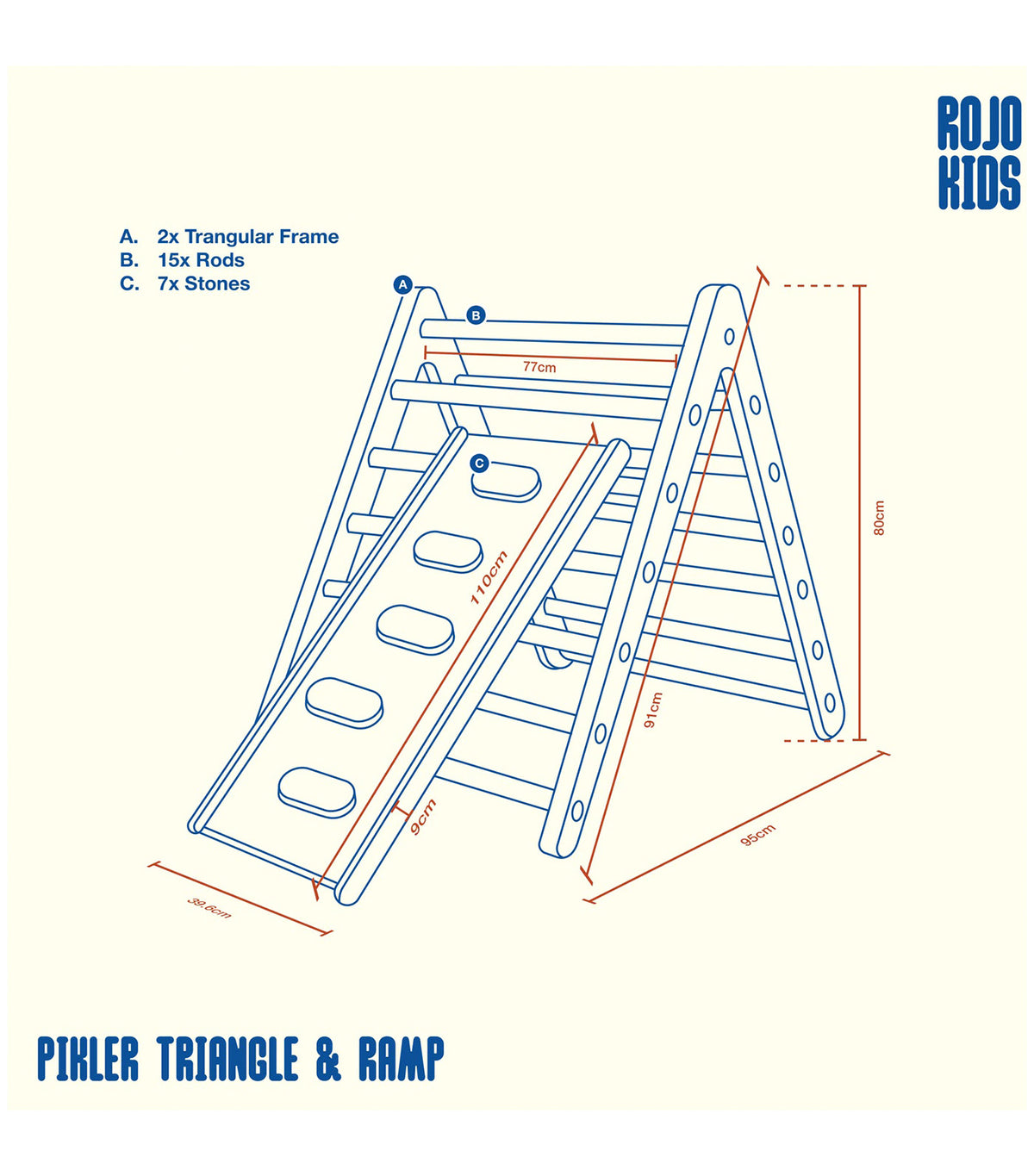 Pikler Triangle with Slide and Climb Board Blue