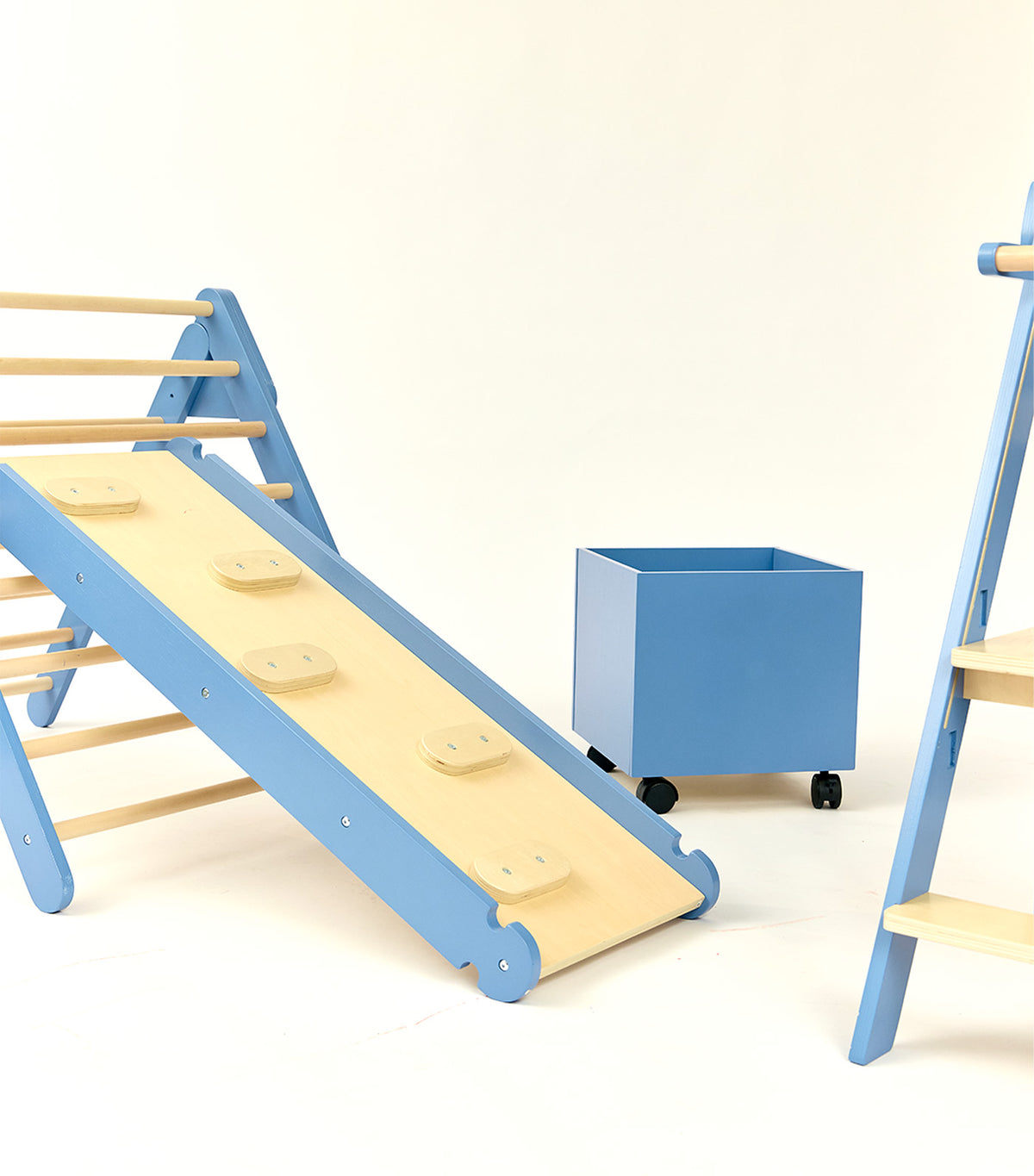 Pikler Triangle with Slide and Climb Board Blue