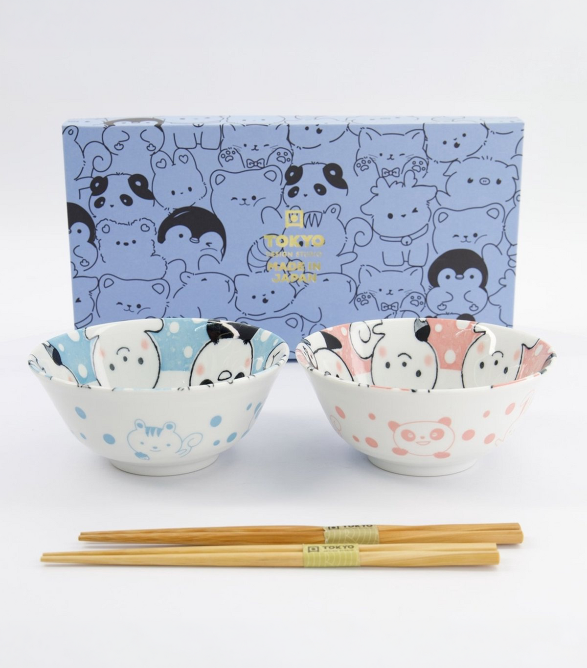Kawaii Animals Tayo Bowl Gift Set with Chopsticks Blue/Pink (2 Pieces)