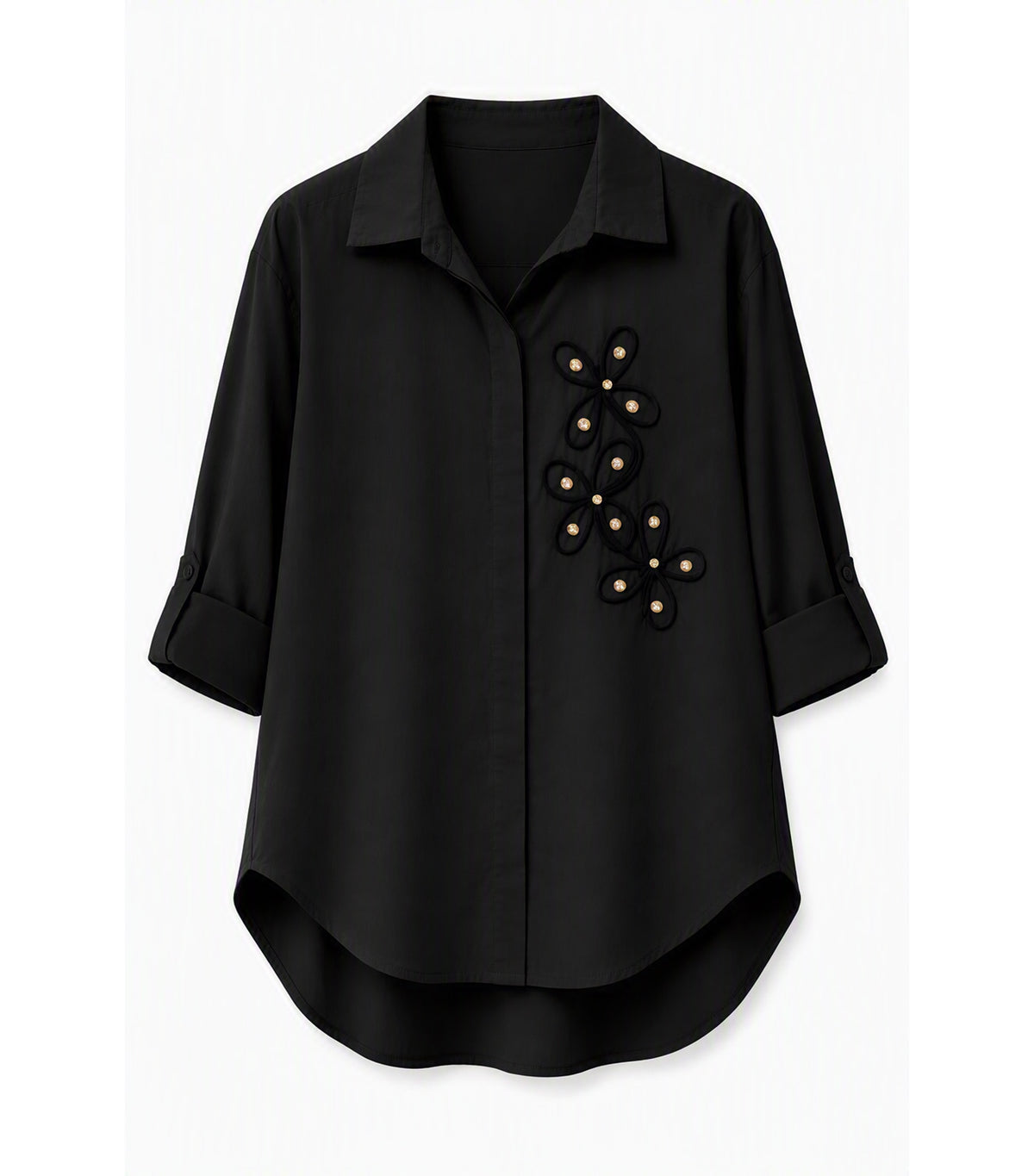 Blouse with Floral Applique Design Black