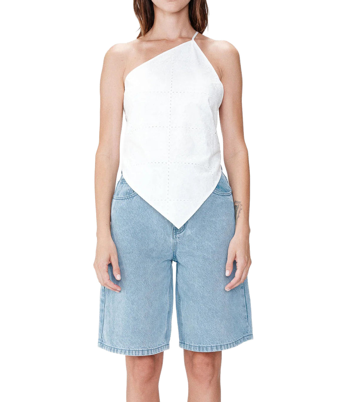 Waiting Asymmetric Embroidered Cotton Halter Top White