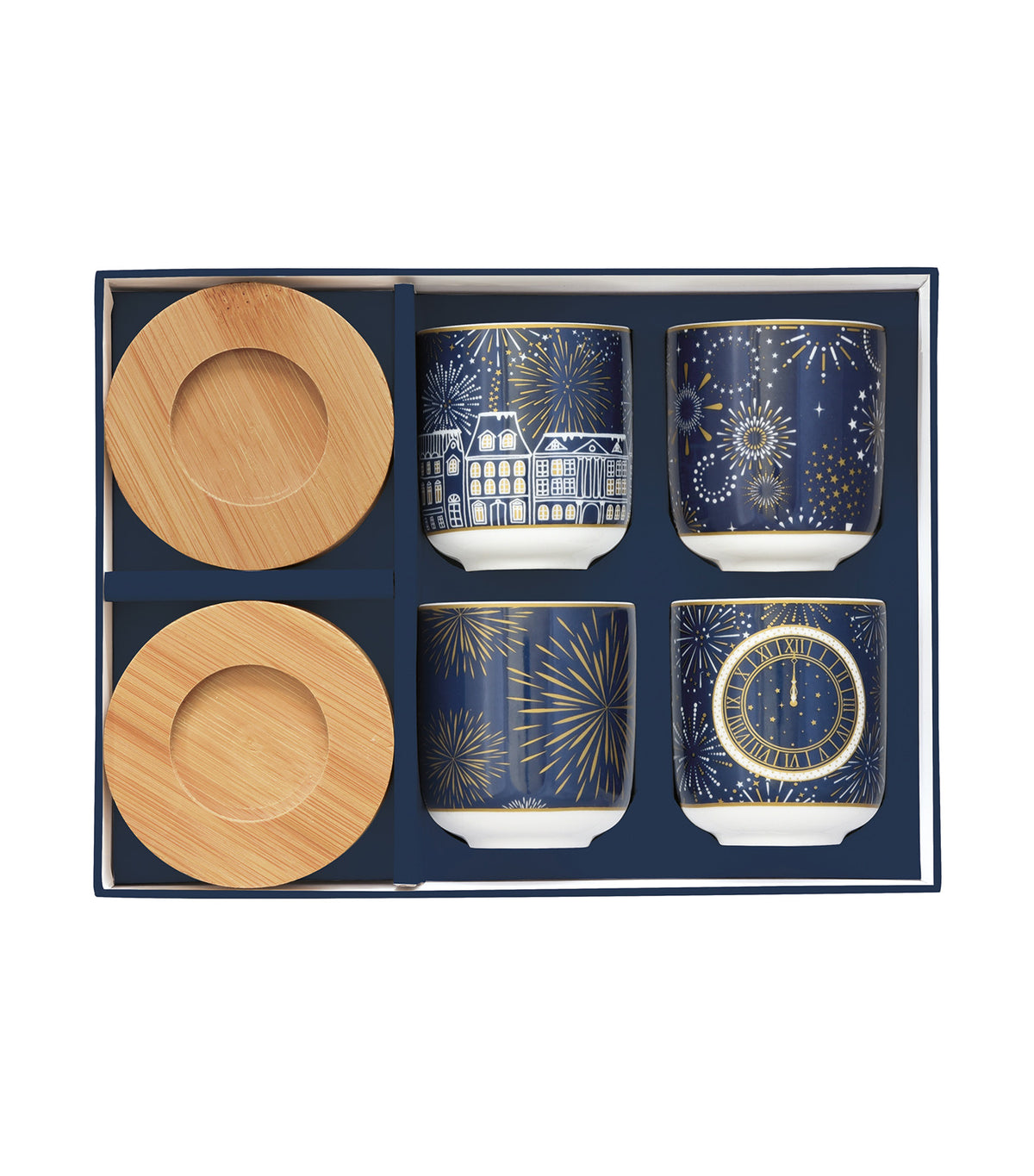 Midnight Set 4 Porcelain Coffee Cups with Bamboo Saucers