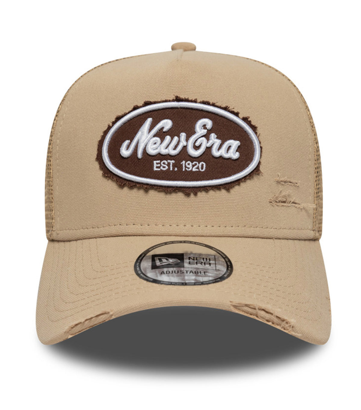 Oval Logo Canvas Distress Navy 9FORTY E-Frame Trucker Snapback Cap Camel