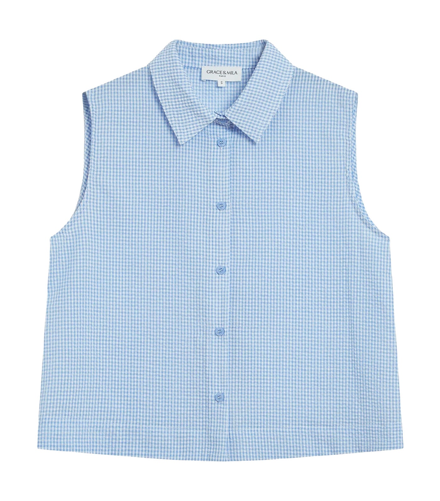 Windell Sleeveless Gingham Cotton Shirt Sky Blue