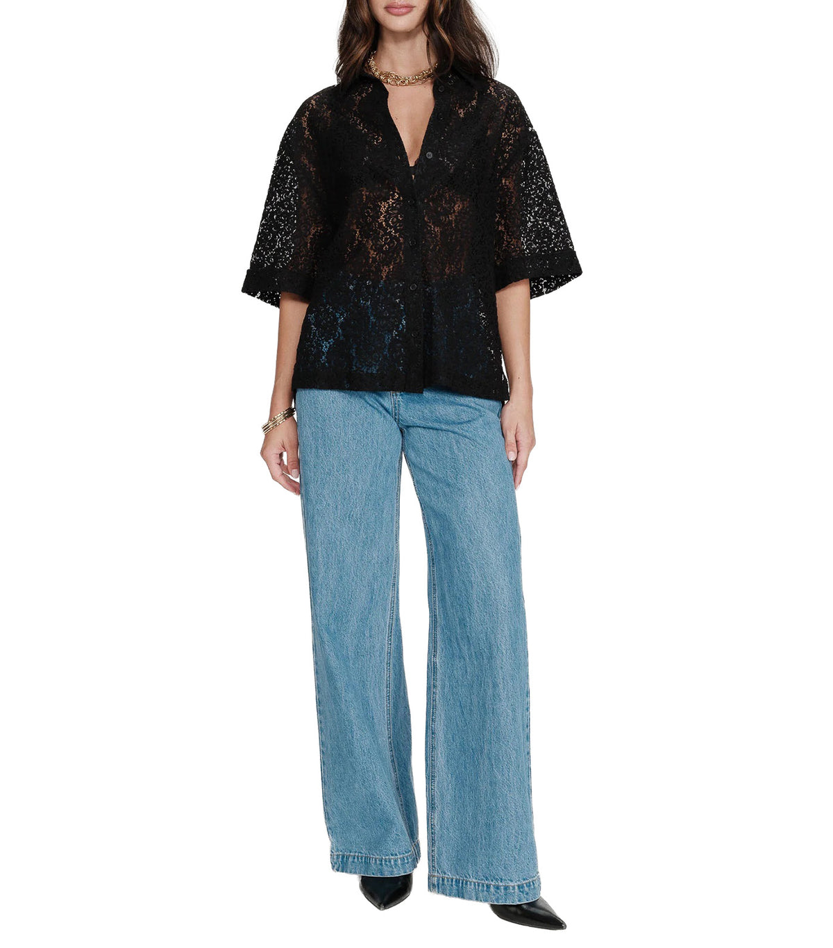 Vendel Sheer Three-Quarter-Sleeved Lace Shirt Black