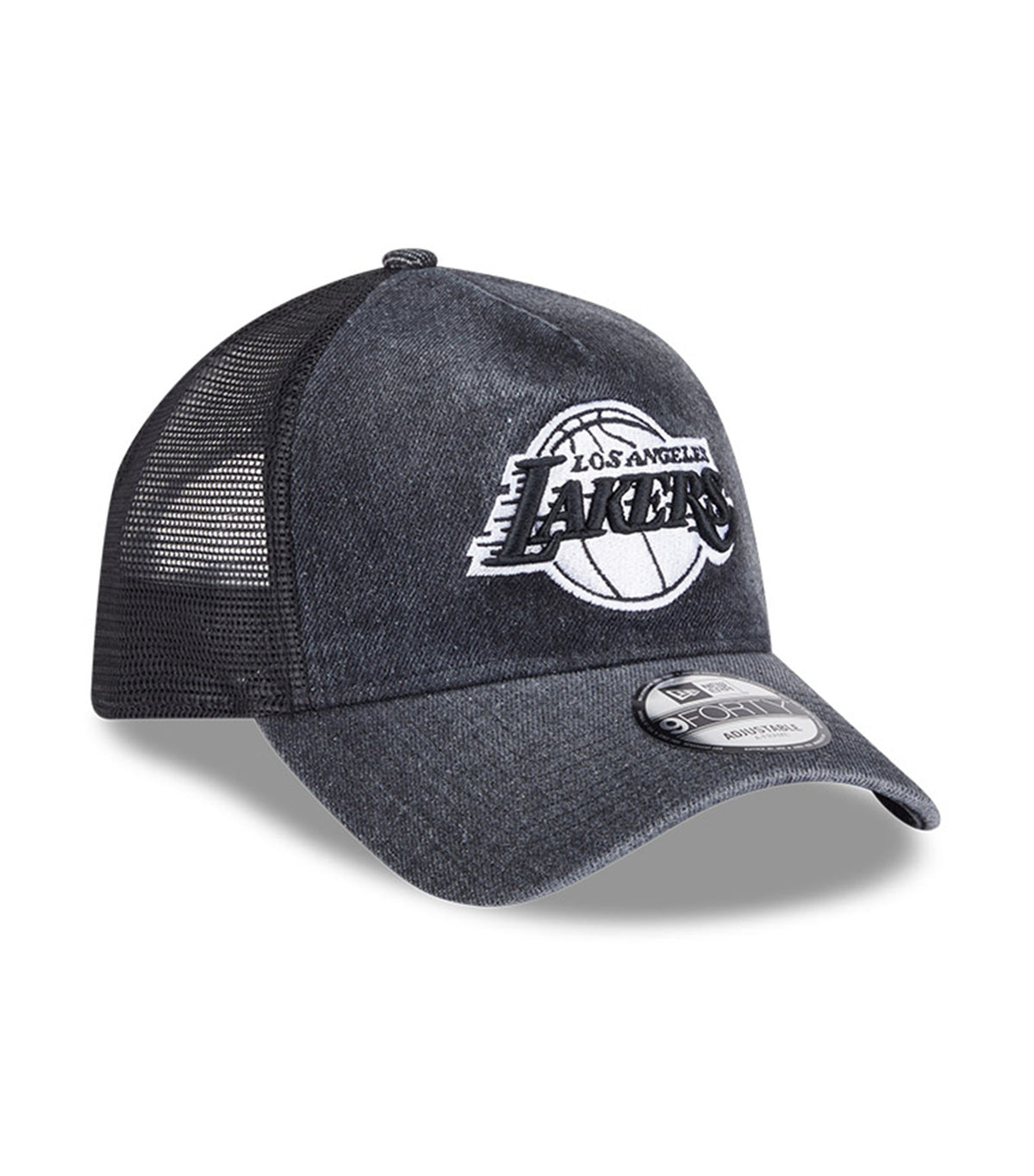 Los Angeles Lakers Washed Denim Q126 9FORTY A-Frame Trucker Adjustable Cap Black