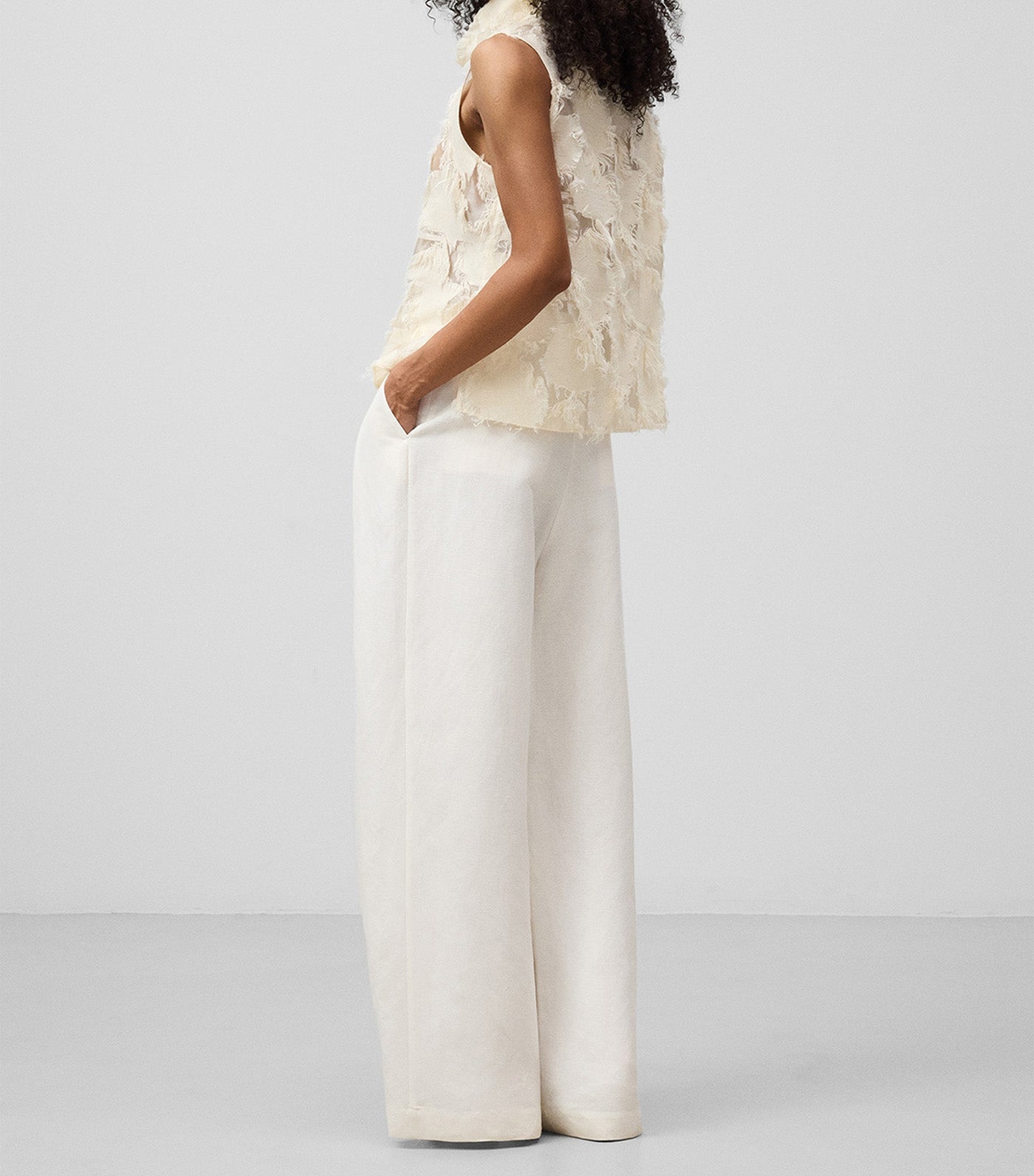 Semi-Sheer Top with Fringe Details Ecru