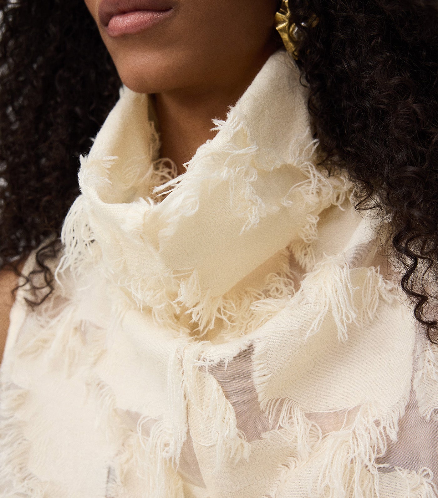 Semi-Sheer Top with Fringe Details Ecru