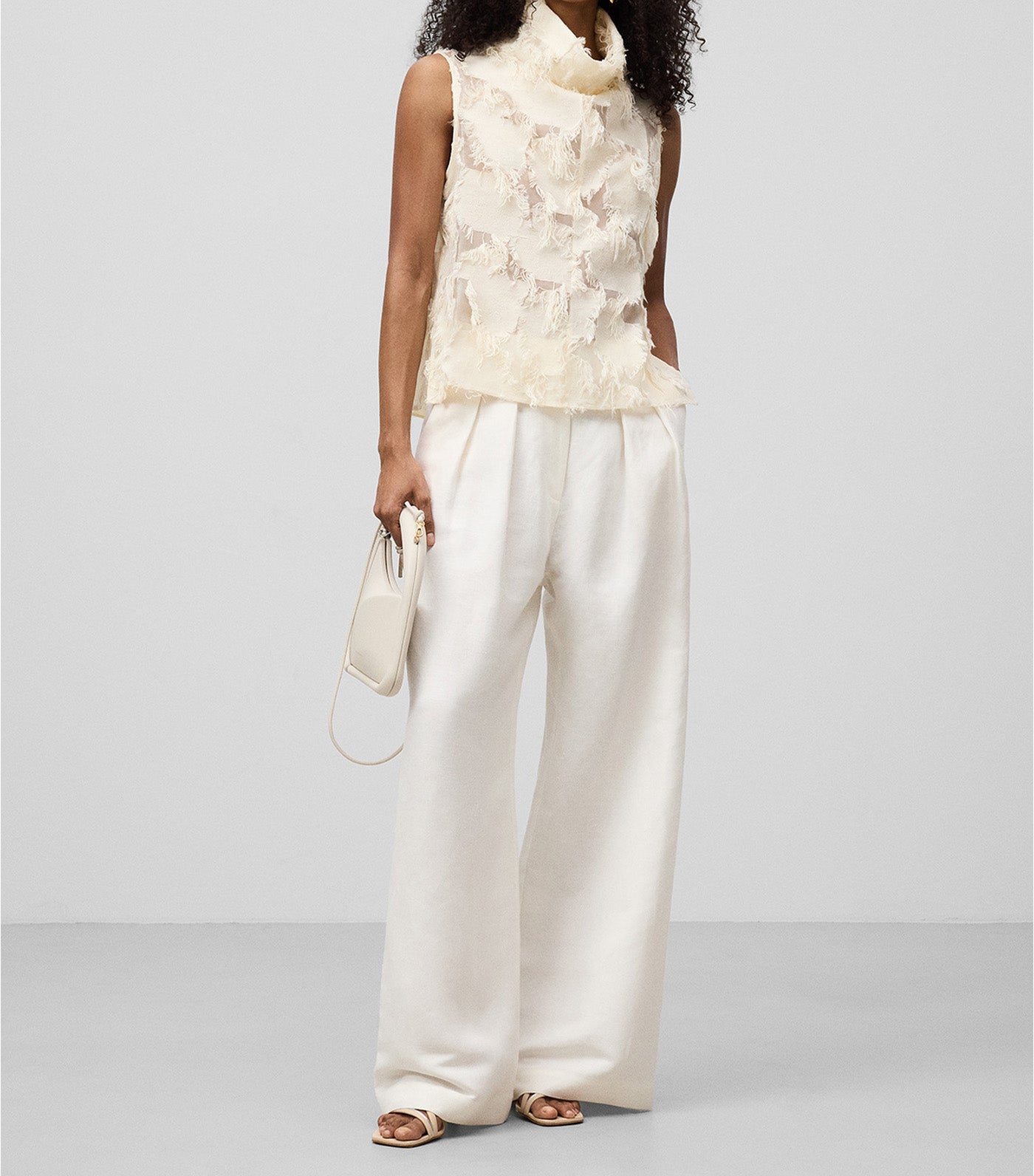 Semi-Sheer Top with Fringe Details Ecru