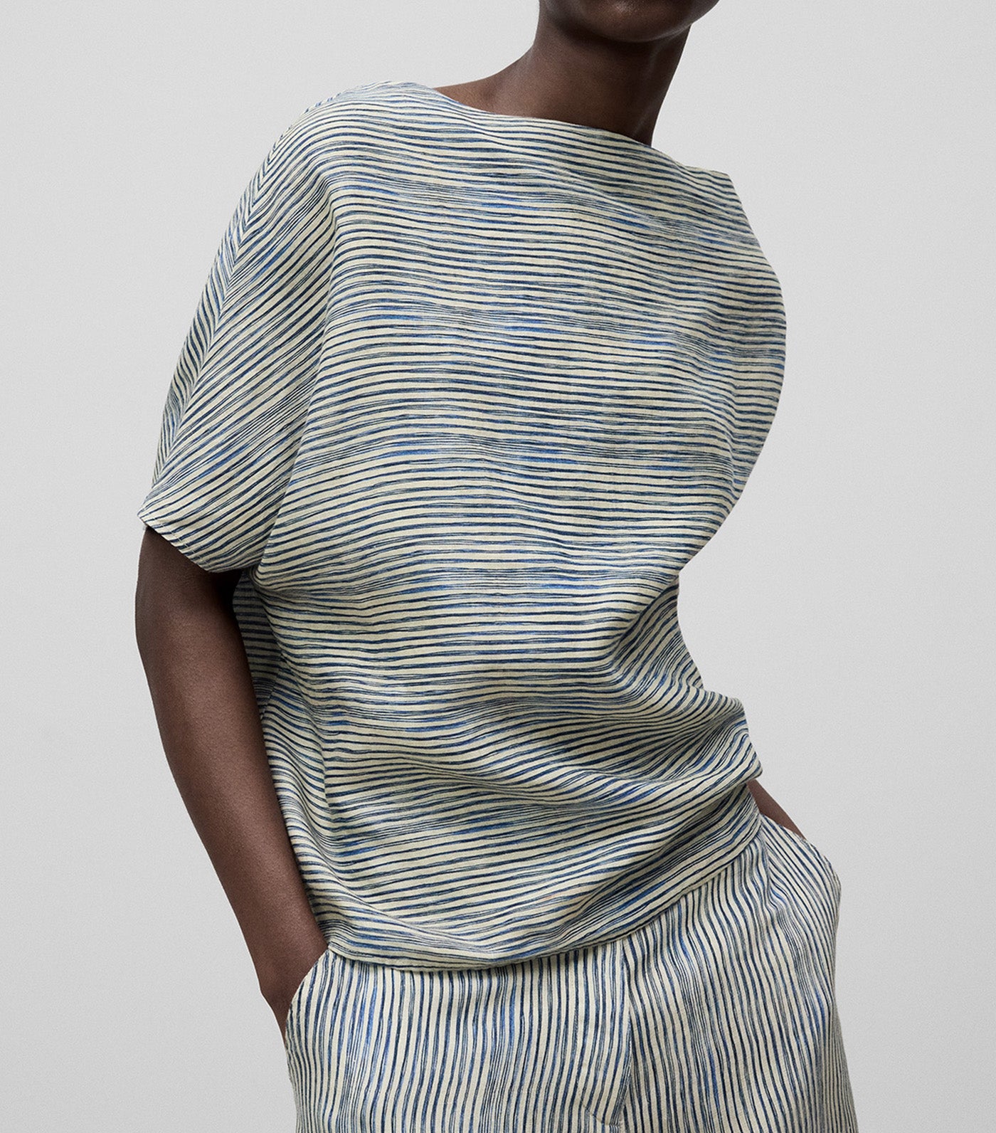 Linen Stripe Asymmetrical Top Blue Stripe