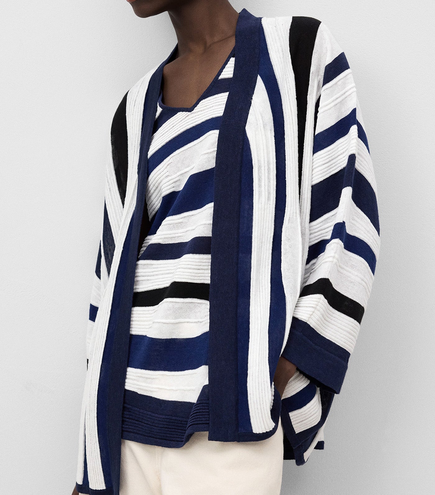 Striped Structured Knit Jacket White/Blue Stripe