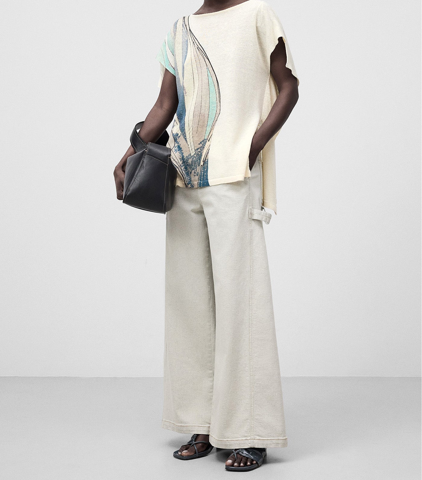 Linen Knit Printed Sweater Sky Blue/White