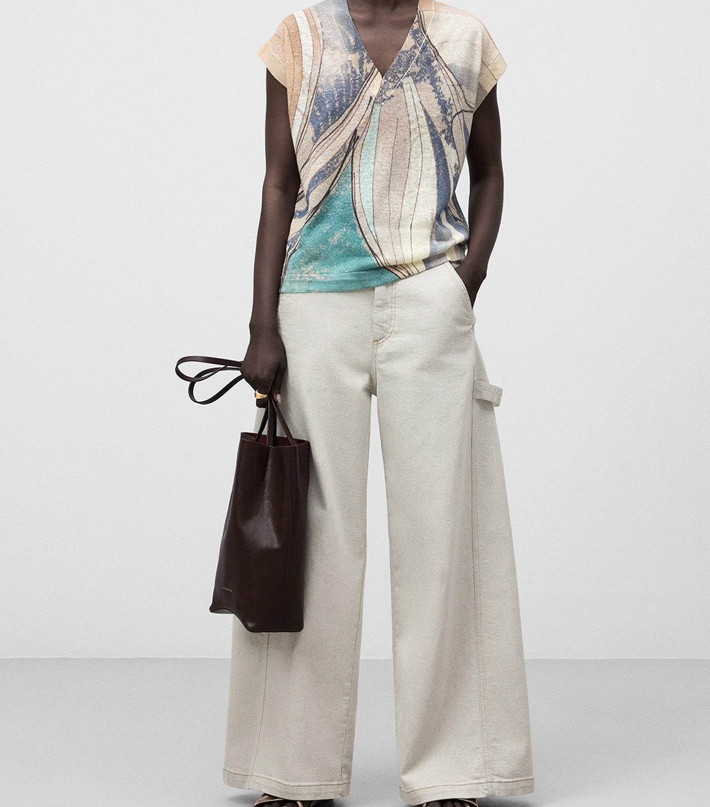 Linen Knit Printed Vest Blue Print