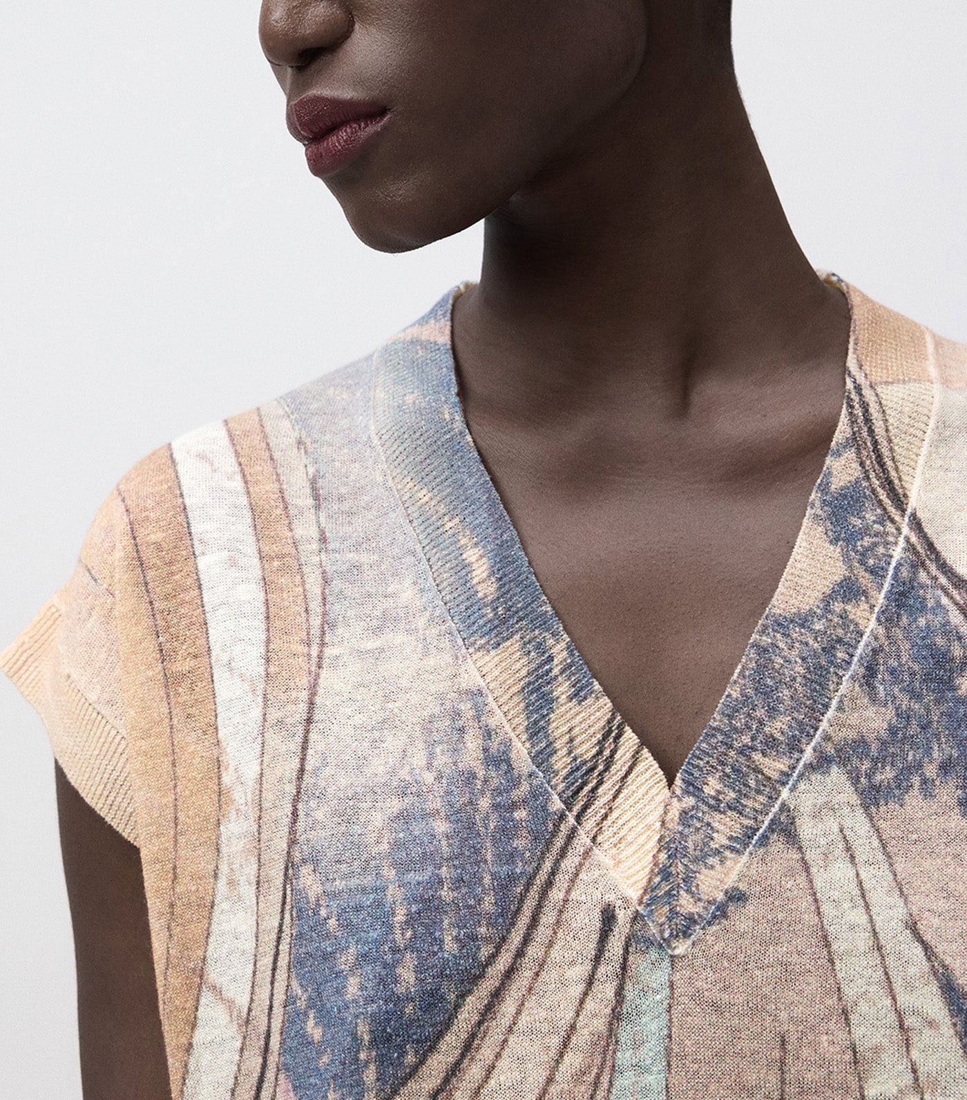 Linen Knit Printed Vest Blue Print