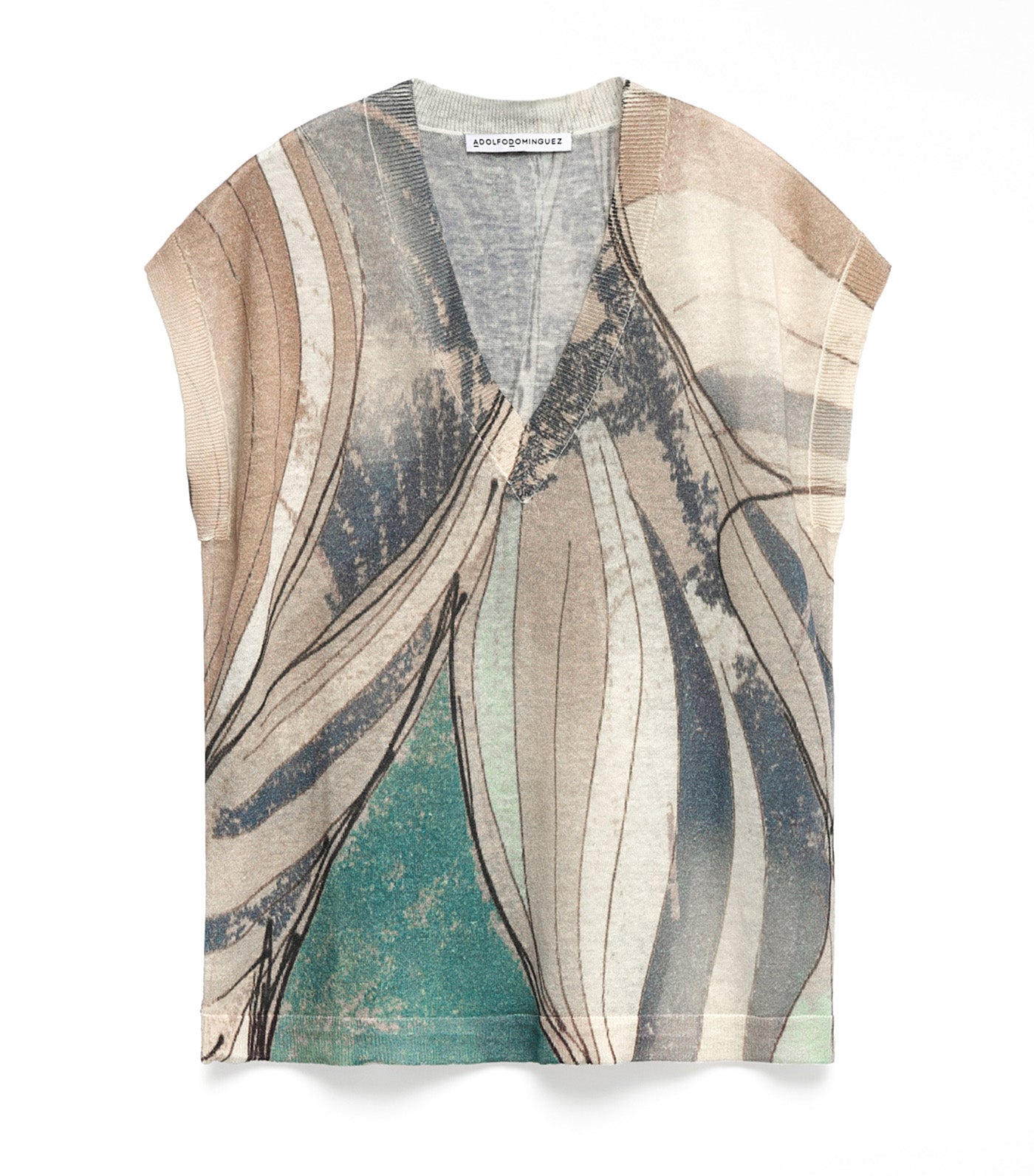 Linen Knit Printed Vest Blue Print