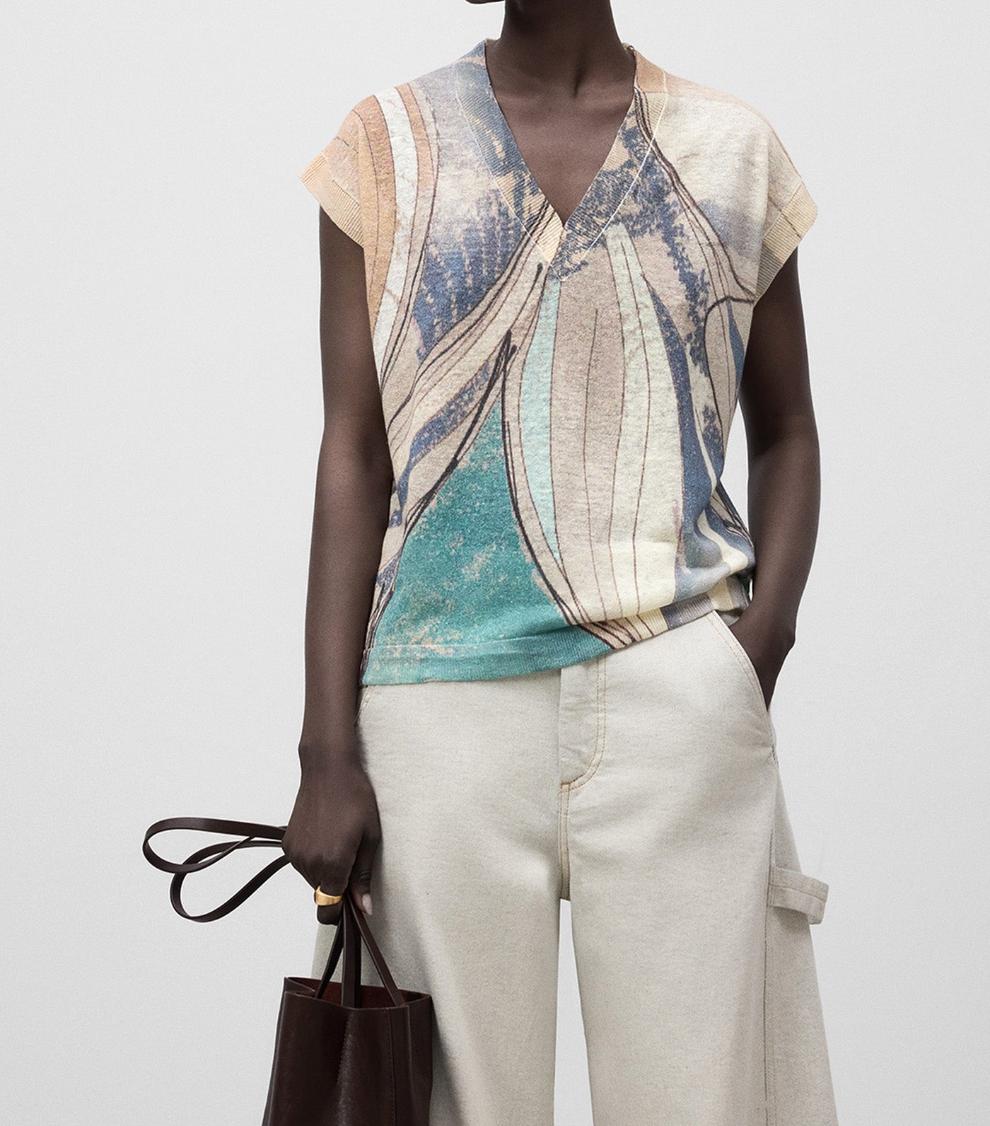 Linen Knit Printed Vest Blue Print