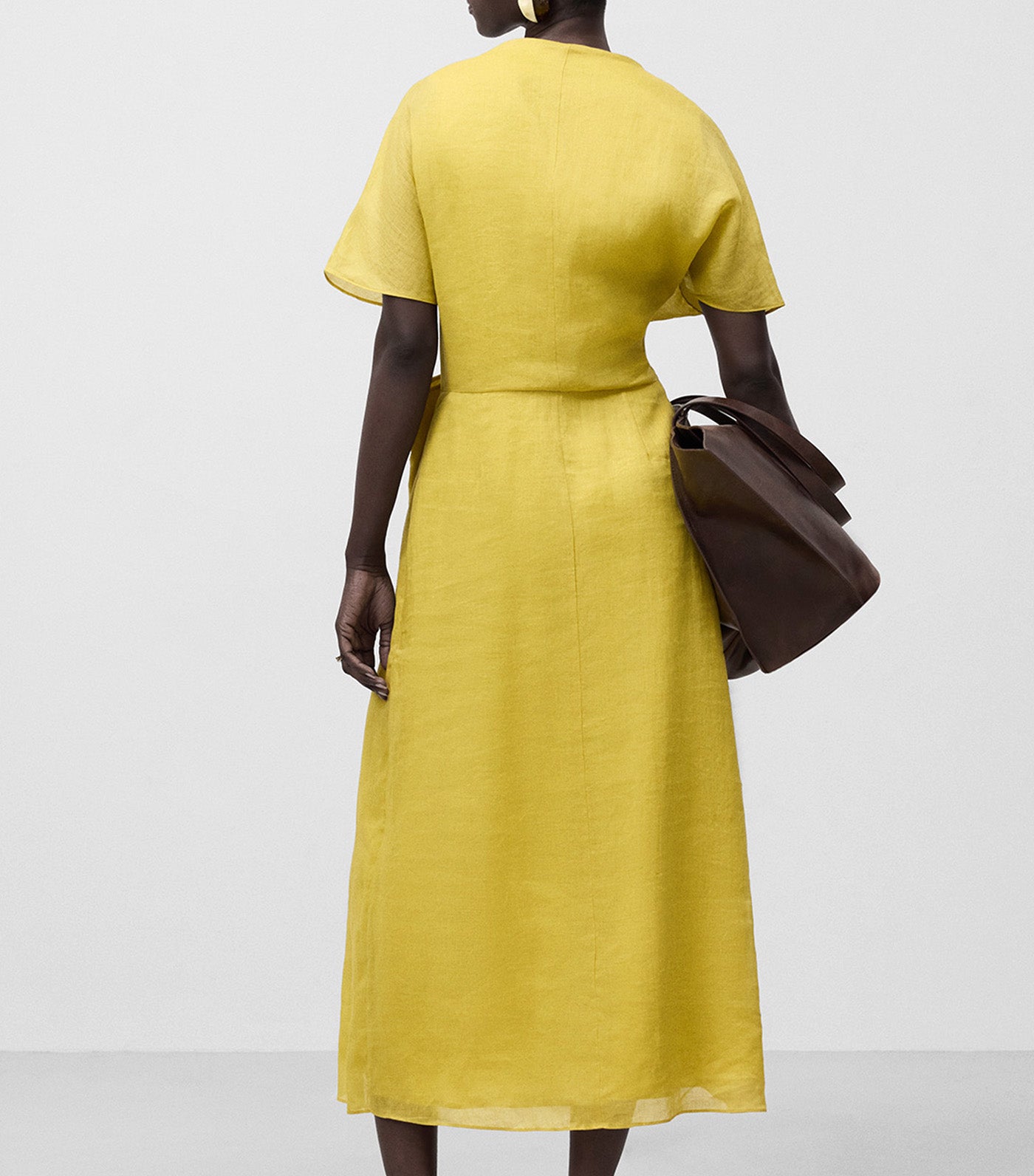 Ramie Midi Dress with Bow Yellow