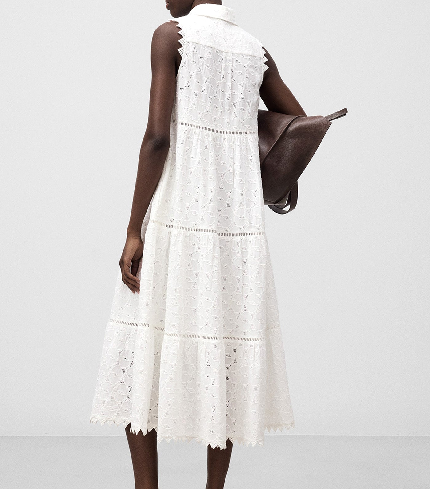 Lapel Collar Embroidered Dress White