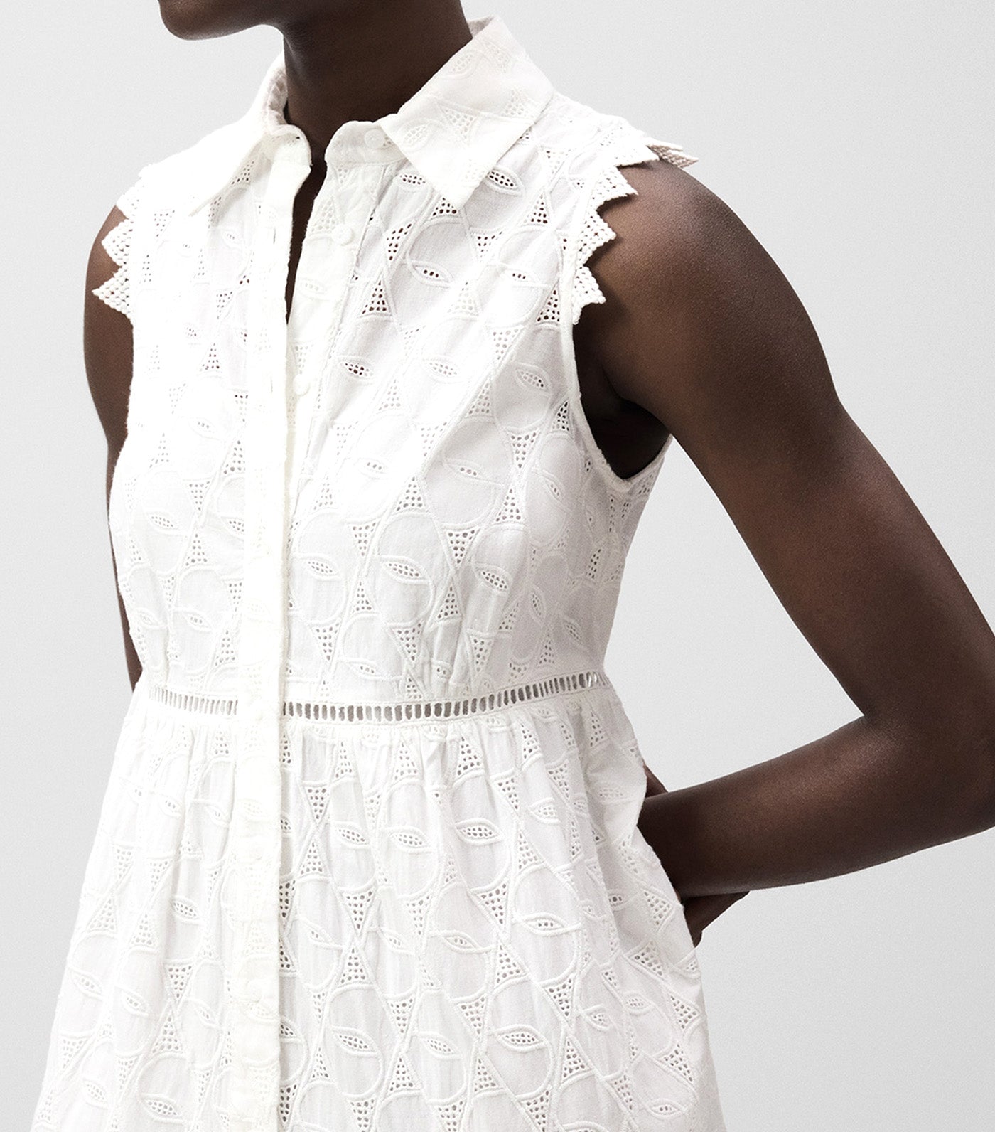 Lapel Collar Embroidered Dress White