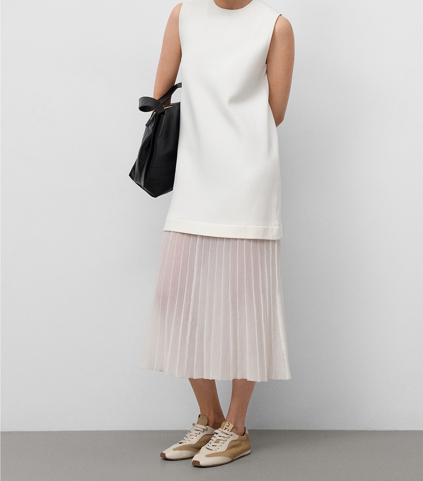 Armhole Sleeve Combined Dress Ecru
