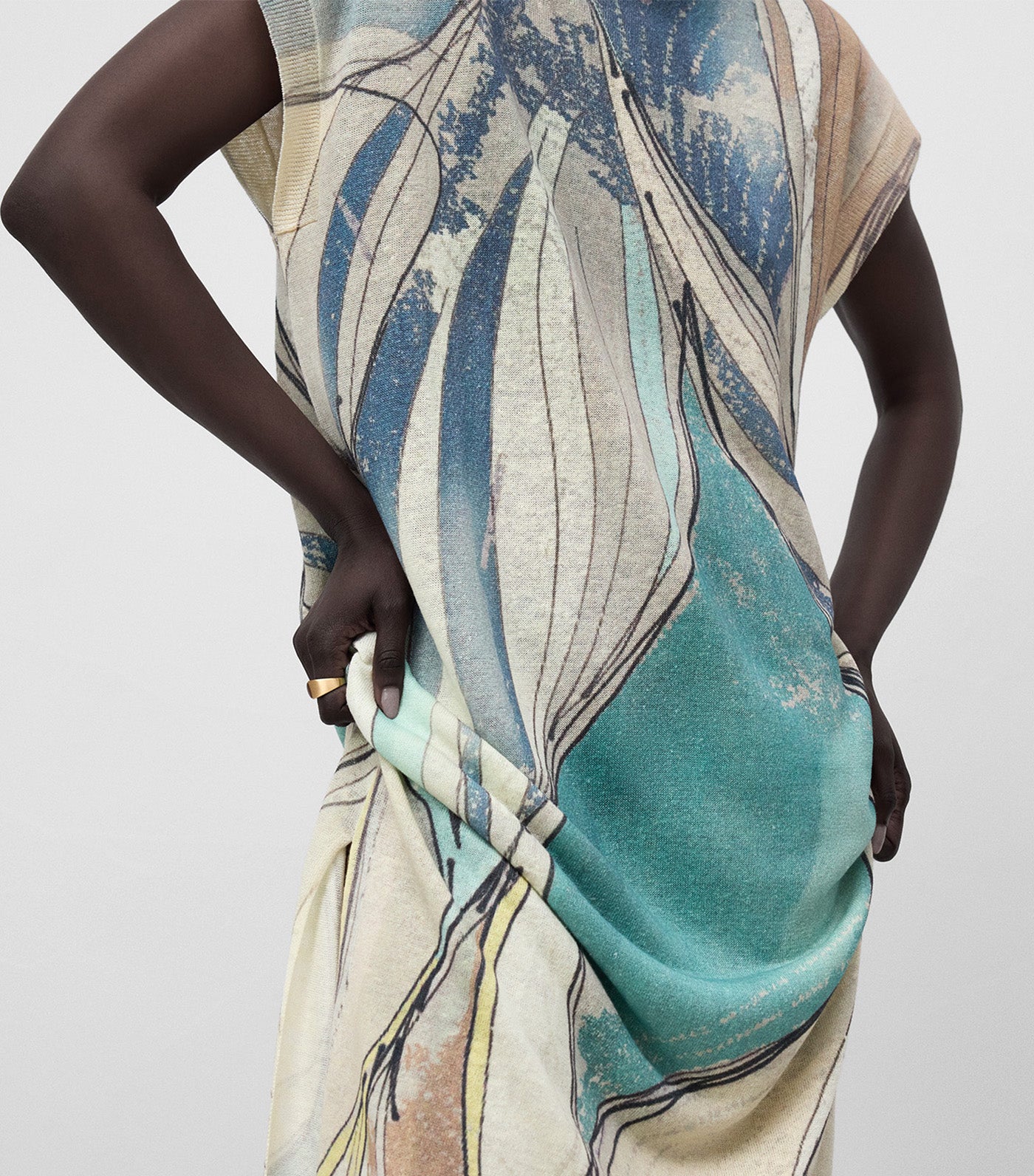 Linen Knit Printed Dress Blue Print