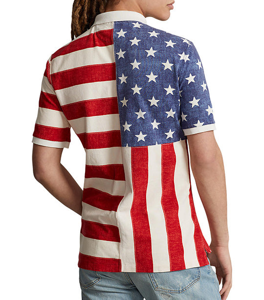 Men's Classic Fit Flag-Print Mesh Polo Shirt Antique Cream Multi