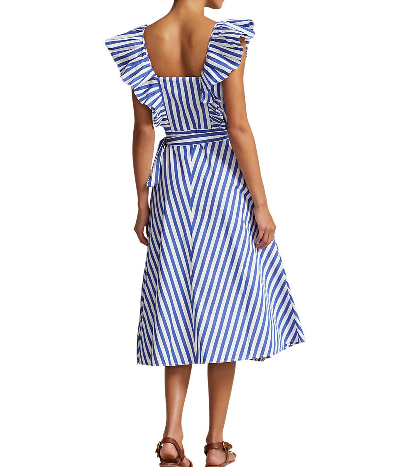 Women's Striped Ruffled Cotton Wrap Dress Ivory/Royal Stripe