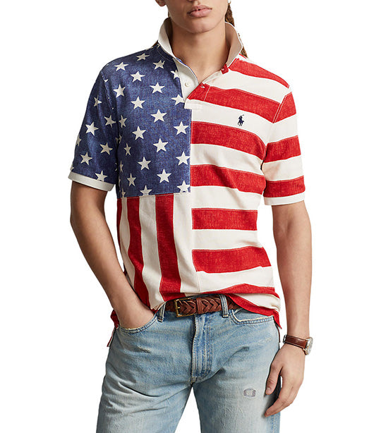 Men's Classic Fit Flag-Print Mesh Polo Shirt Antique Cream Multi