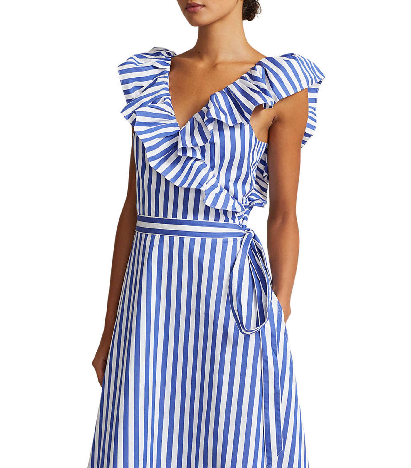 Women's Striped Ruffled Cotton Wrap Dress Ivory/Royal Stripe