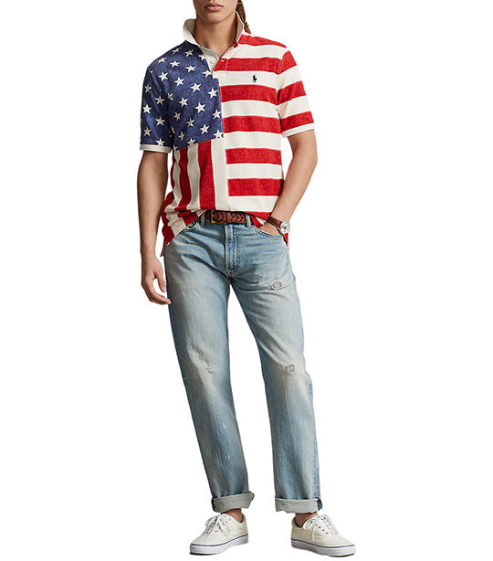 Men's Classic Fit Flag-Print Mesh Polo Shirt Antique Cream Multi