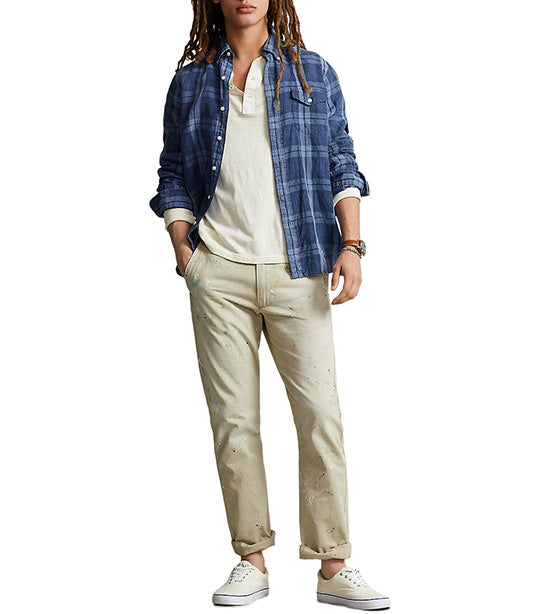 Men's Classic Fit Plaid Indigo Linen Shirt Indigo Multi