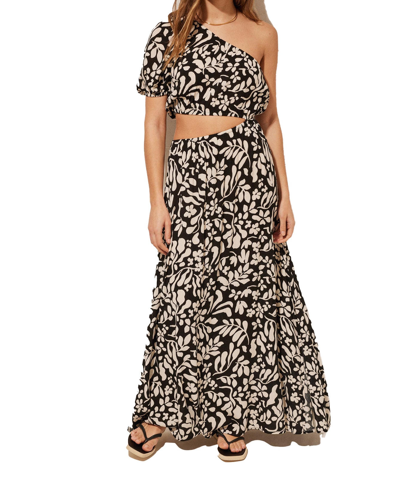 Asymmetric Black and White Floral Dress