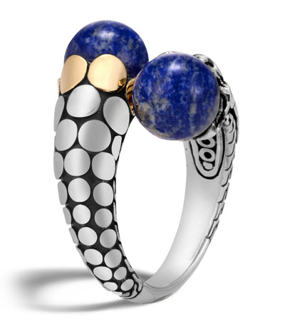 Dot Gold and  Silver Bypass Ring with Round Lapis Lazuli