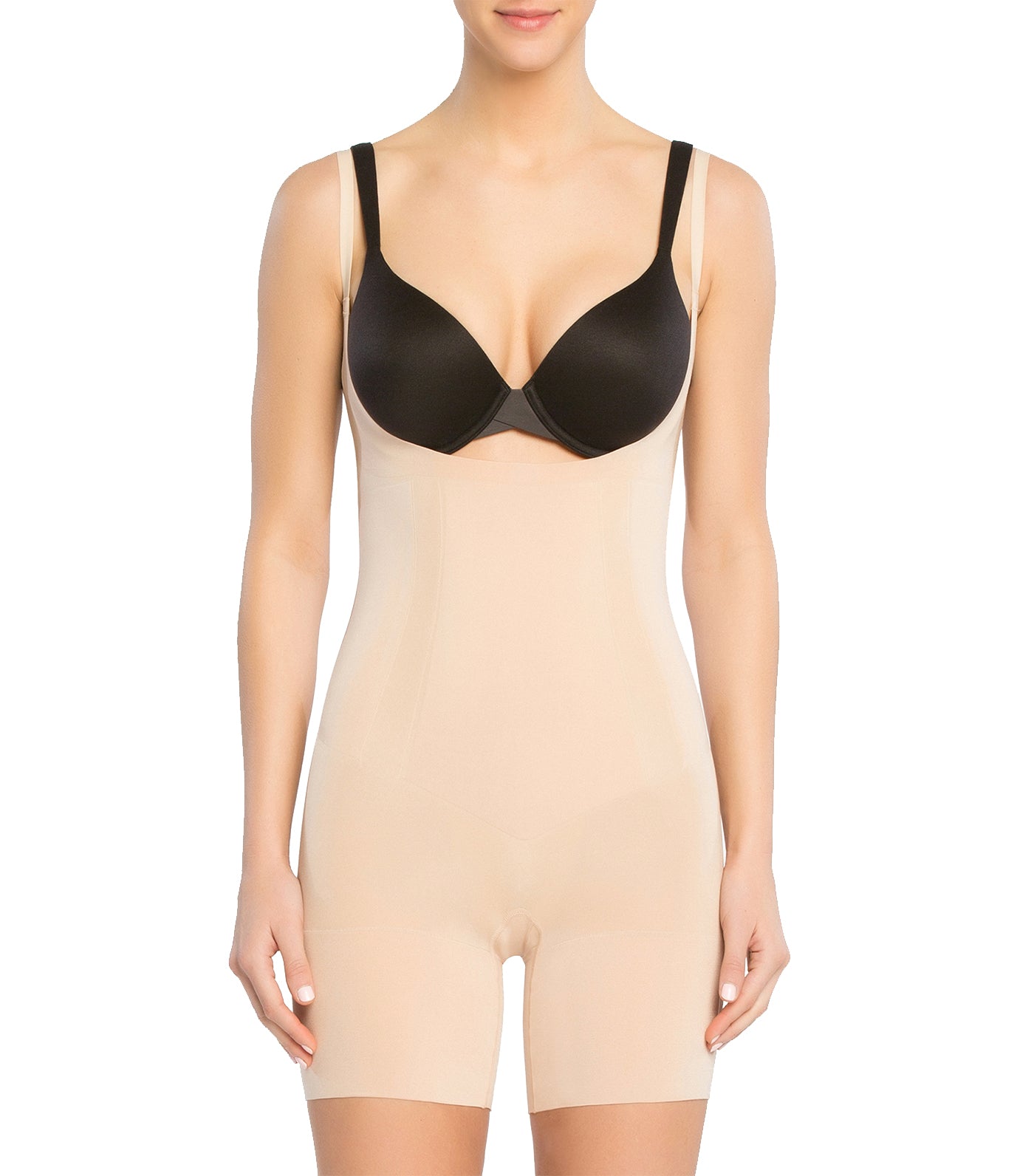 spanx oncore open-bust mid-thigh bodysuit soft nude