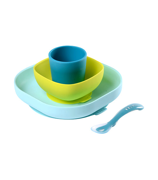 beaba silicone suction meal set – blue/neon