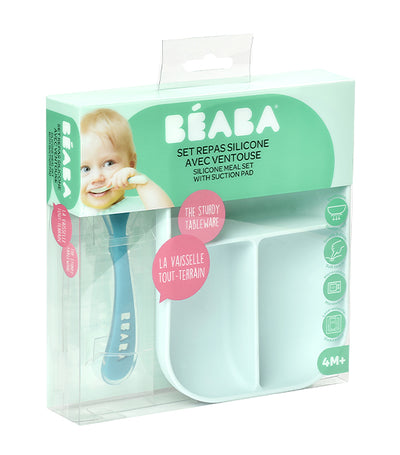 beaba divided silicone plate and spoon set – blue