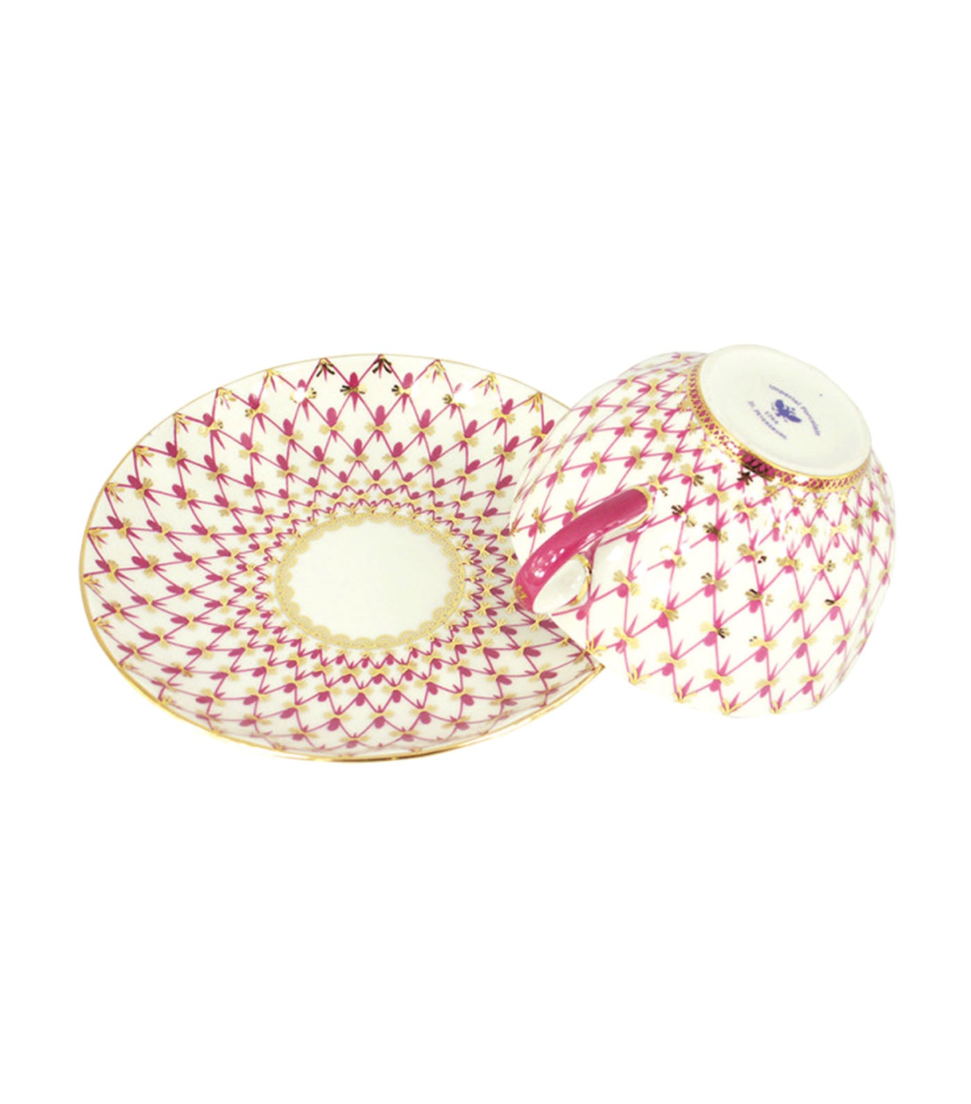 Imperial Porcelain Red Net Tulip Shape Tea Cup and Saucer Set