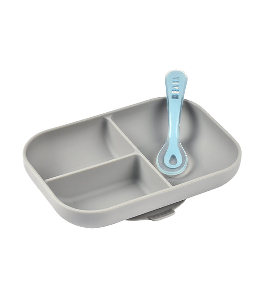 beaba divided silicone plate and spoon set – light mist