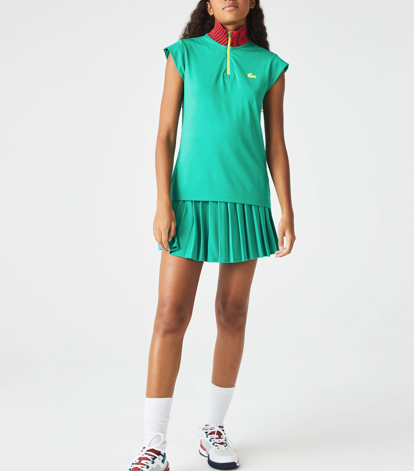 Women's Zip High Neck Tennis Polo Shirt Greenfinch/Navy Blue/Red